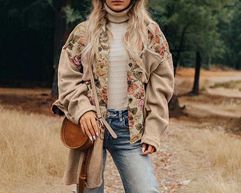 Khaki Floral Waffle Knit Patchwork Chest Pockets Buttoned Jacket