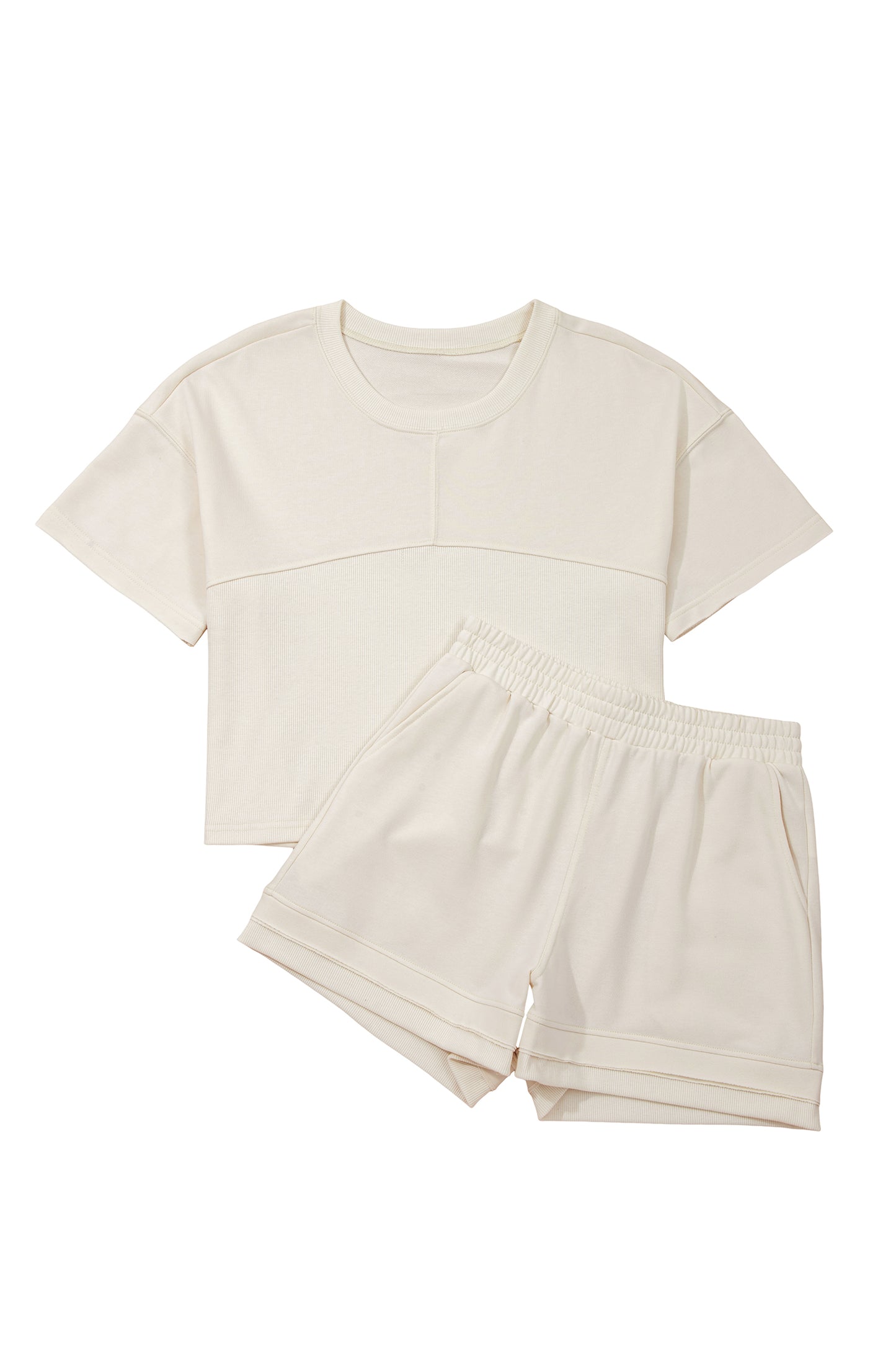 Jet Stream Solid Color Contrast Textured Patchwork Raw Edge 2pcs Short Set