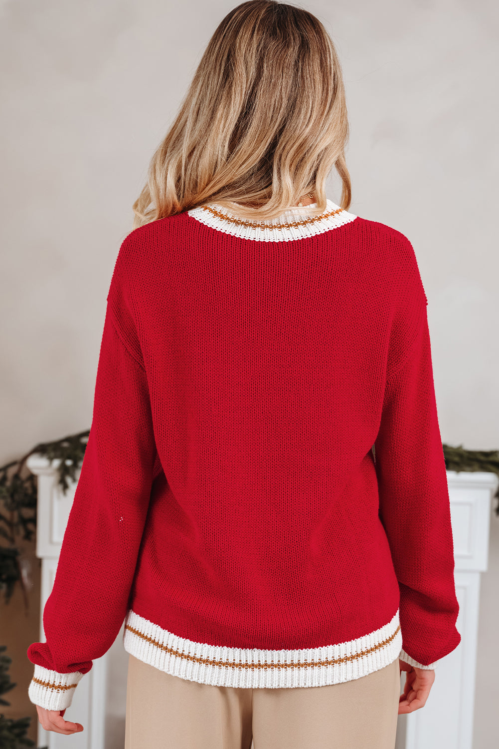 Fiery Red MERRY Color Block Edge Drop Shoulder Cozy Sweater