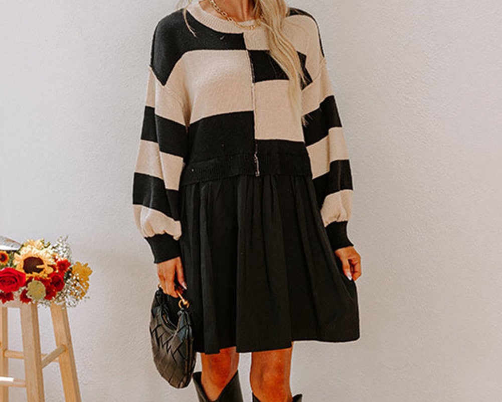 Black Stripe Two in One Knitted Top High Waist Splicing Hem Sweater Dress