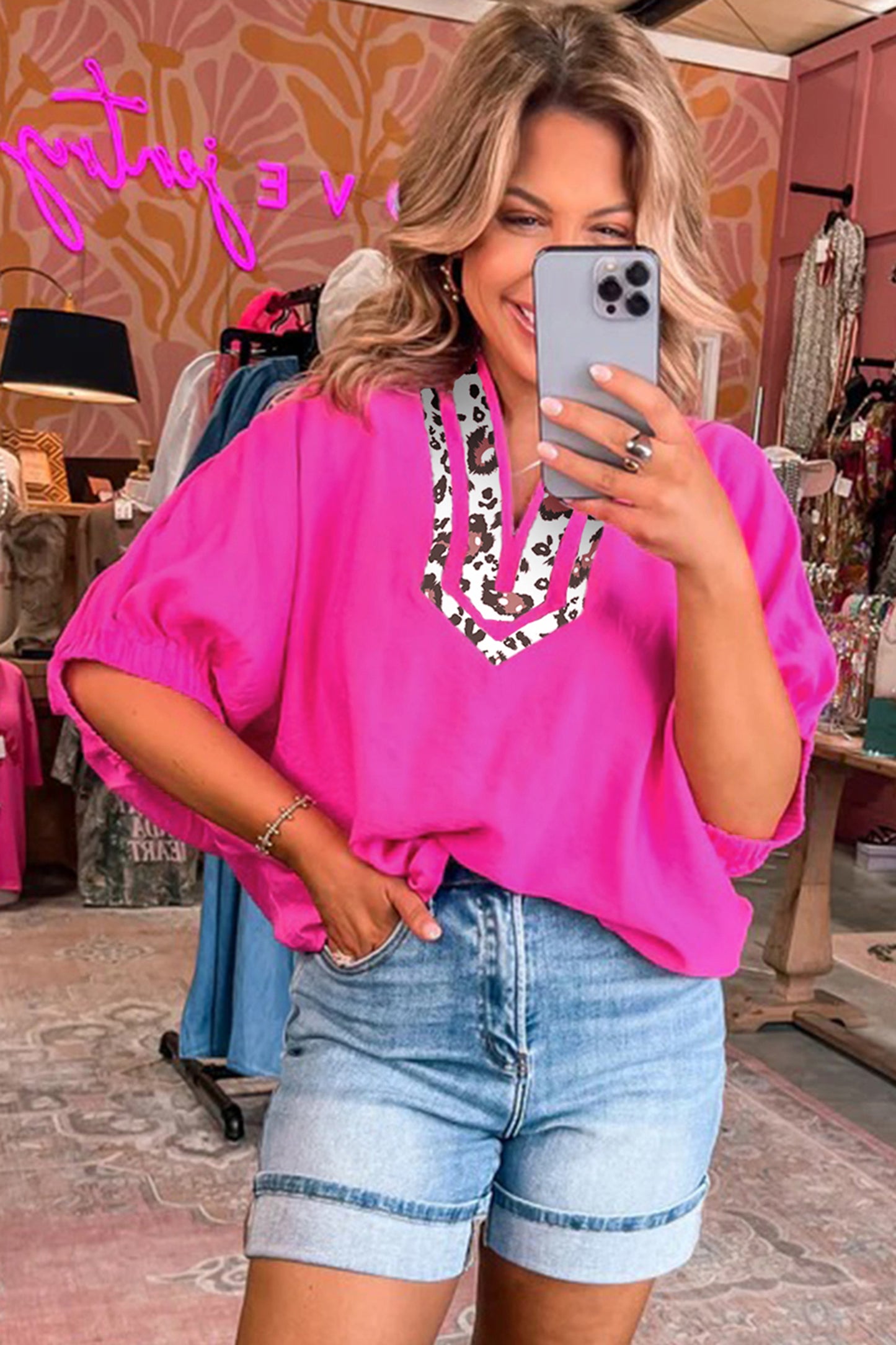 Rose Red Dolman Half Sleeve Leopard Patchwork Trim V Neck Blouse