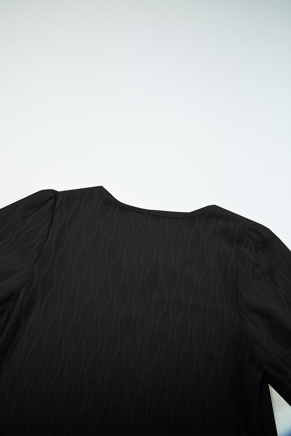 Black Solid Color Textured Notched Neck Puff Sleeve Blouse