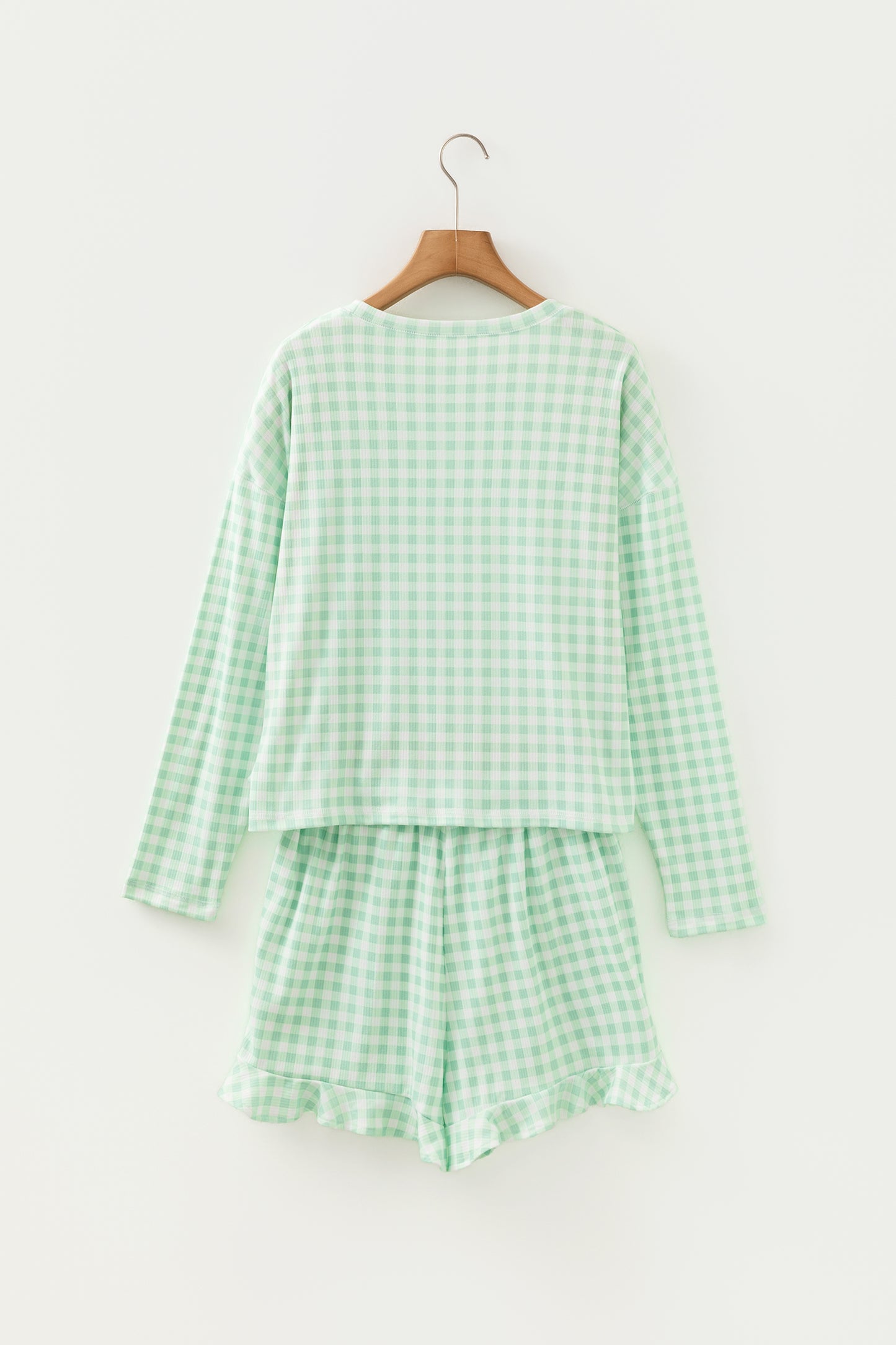 Green Gingham Long Sleeve Loose Top Drawstring Shorts 2pcs Lounge Set