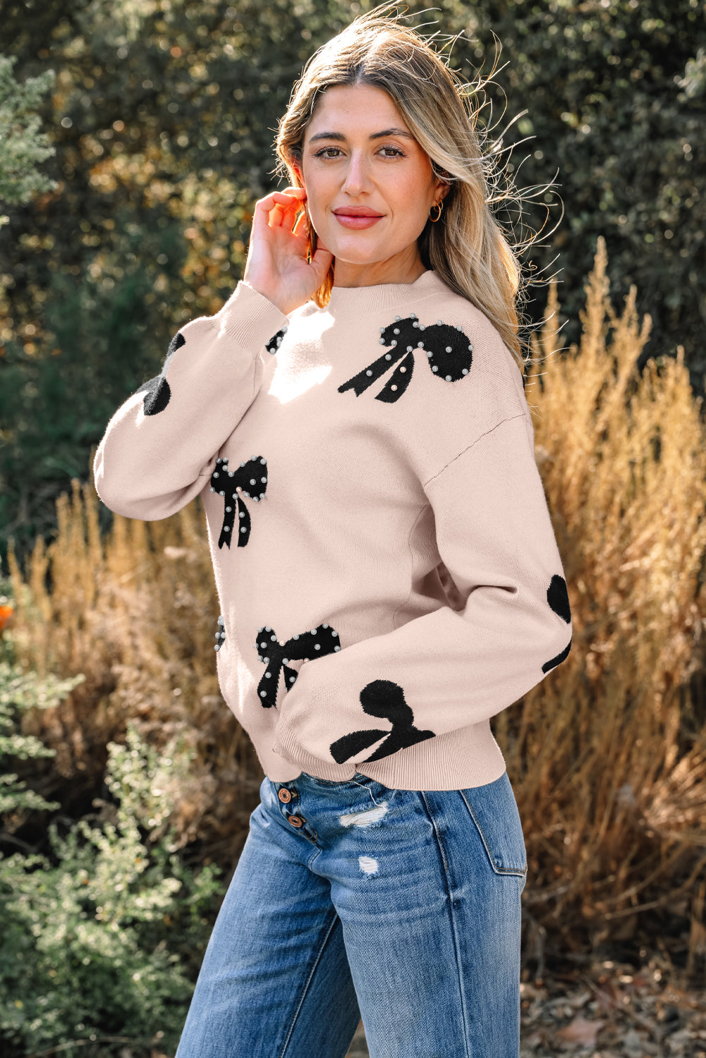 Smoke Gray Pearl Embellished Bow Pattern Loose Sweater