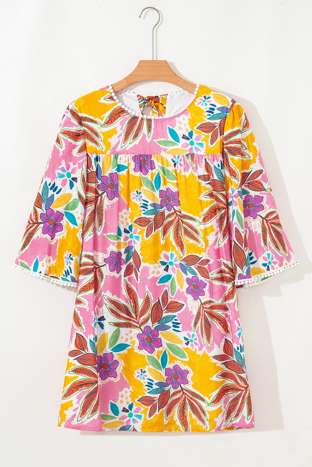 Pink Floral Print Lace Trimmed Tie Back Bell Sleeve Swing Mini Dress