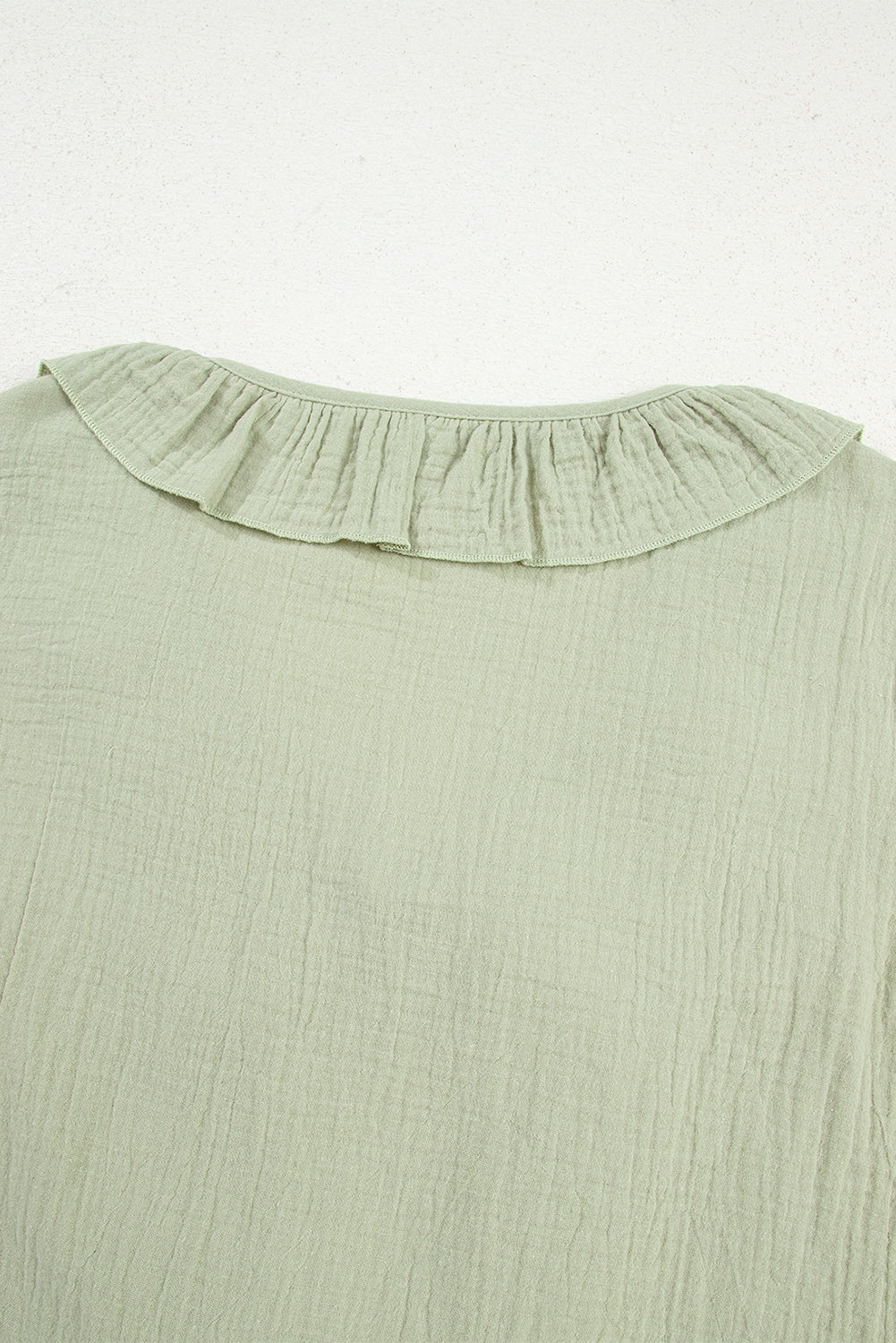 Meadow Mist Green Bow Tie Front Ruffle Trim V Neck Long Sleeve Gauze Blouse