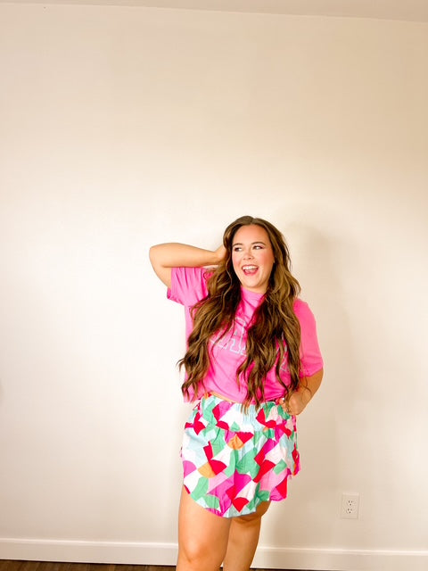 Green Abstract Print Smock Waist Casual Shorts