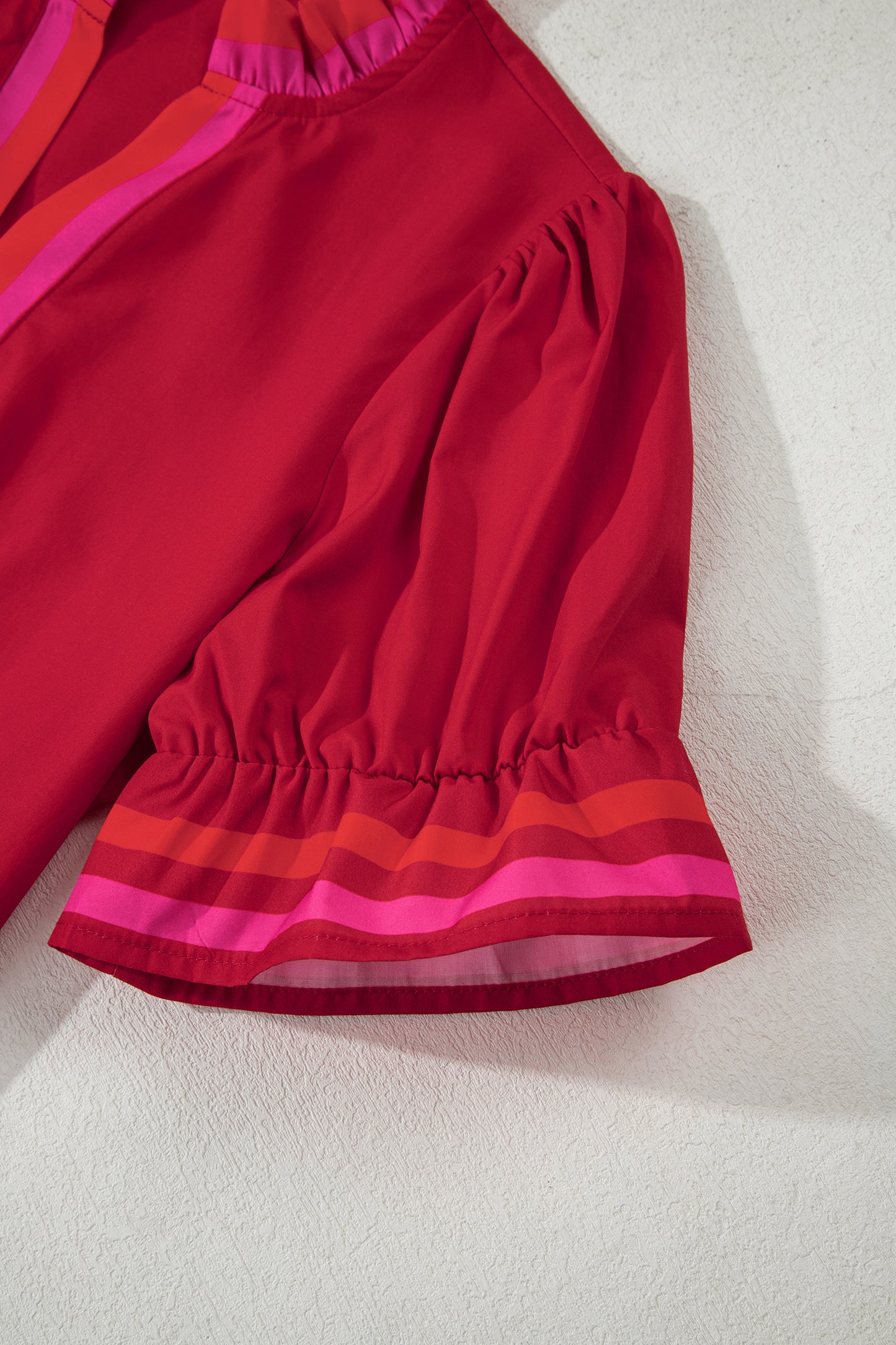 Fiery Red Striped Frilled Collar Ruffled Short Sleeve Blouse
