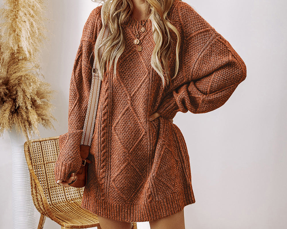 Coffee Cable Knit Drop Shoulder Loose Fit Sweater Dress