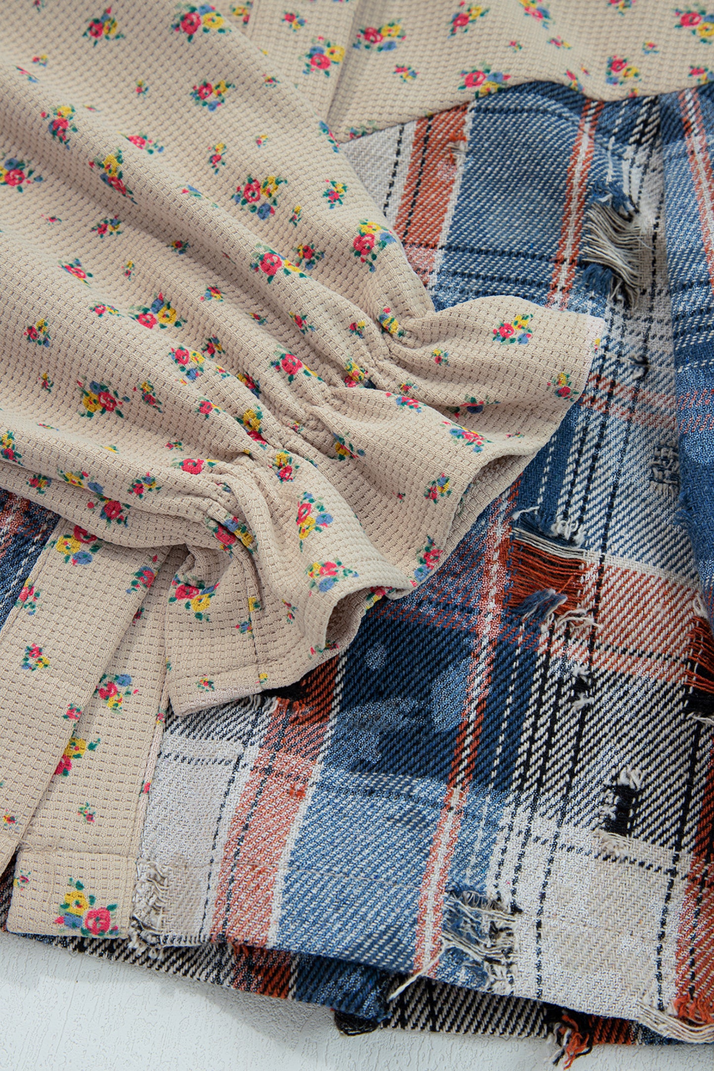 Ashleigh Blue Boho Floral Plaid Patchwork Distressed Detail Ruffled Sleeve Waffle Knit Shacket