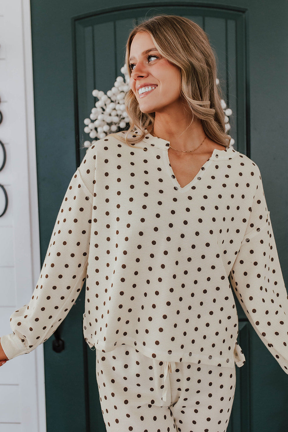 White Polka Dot Print Notched Neck Long Sleeve Top Drawstring Jogger Pants Waffle Knit Lounge Set