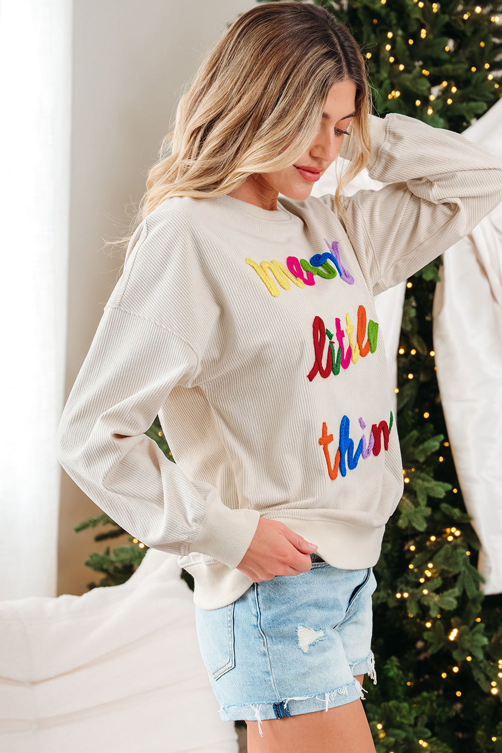 Beige merry little thing Corded Letter Graphic Ribbed Loose Sweatshirt