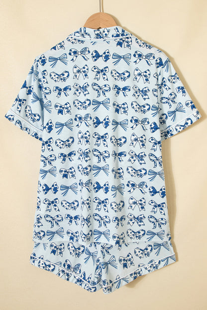 Sky Blue Bow Print Short Pajama Set