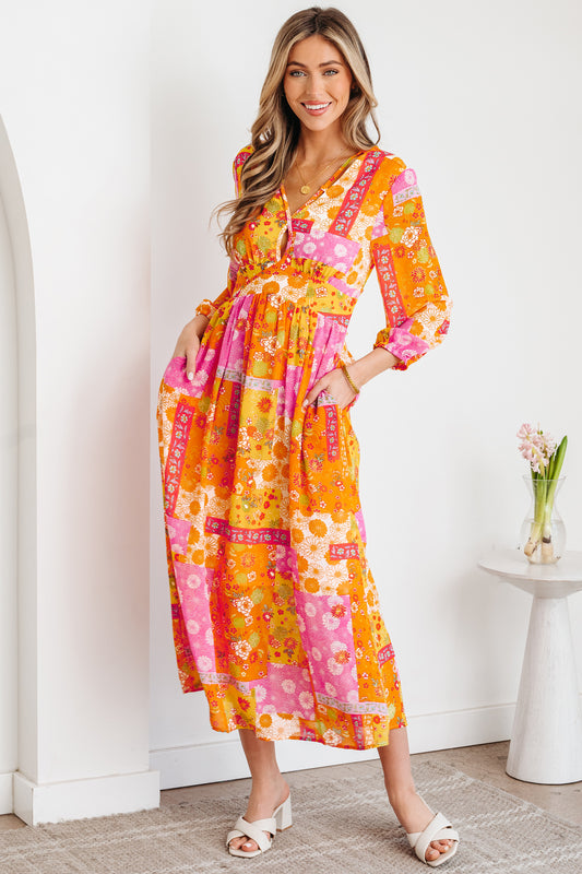 Orange Floral Patchwork Print Cut out Tied Back Bracelet Sleeve Maxi Dress