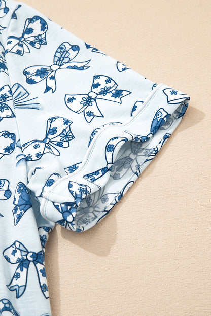 Sky Blue Bow Print Short Pajama Set