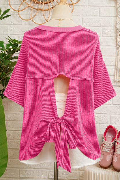 Rose Red Spiral Ribbed Cutout Bow Knot Back Oversize T Shirt