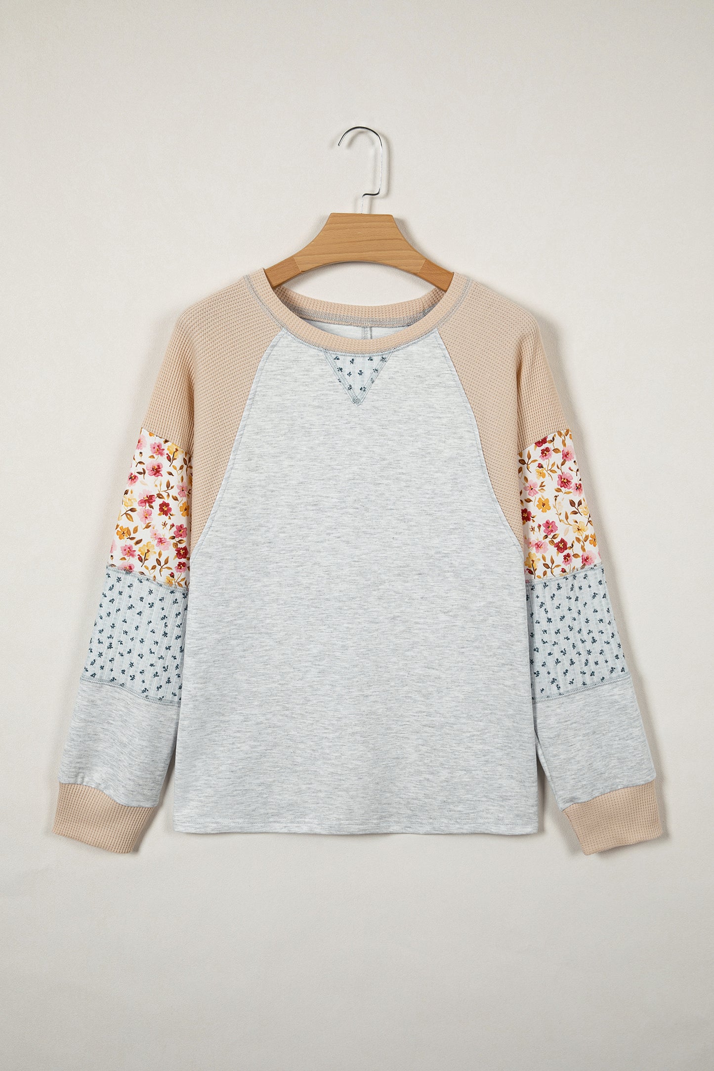 Light Grey Mixed Print Raglan Sleeve Patchwork Exposed Seam Pullover Top