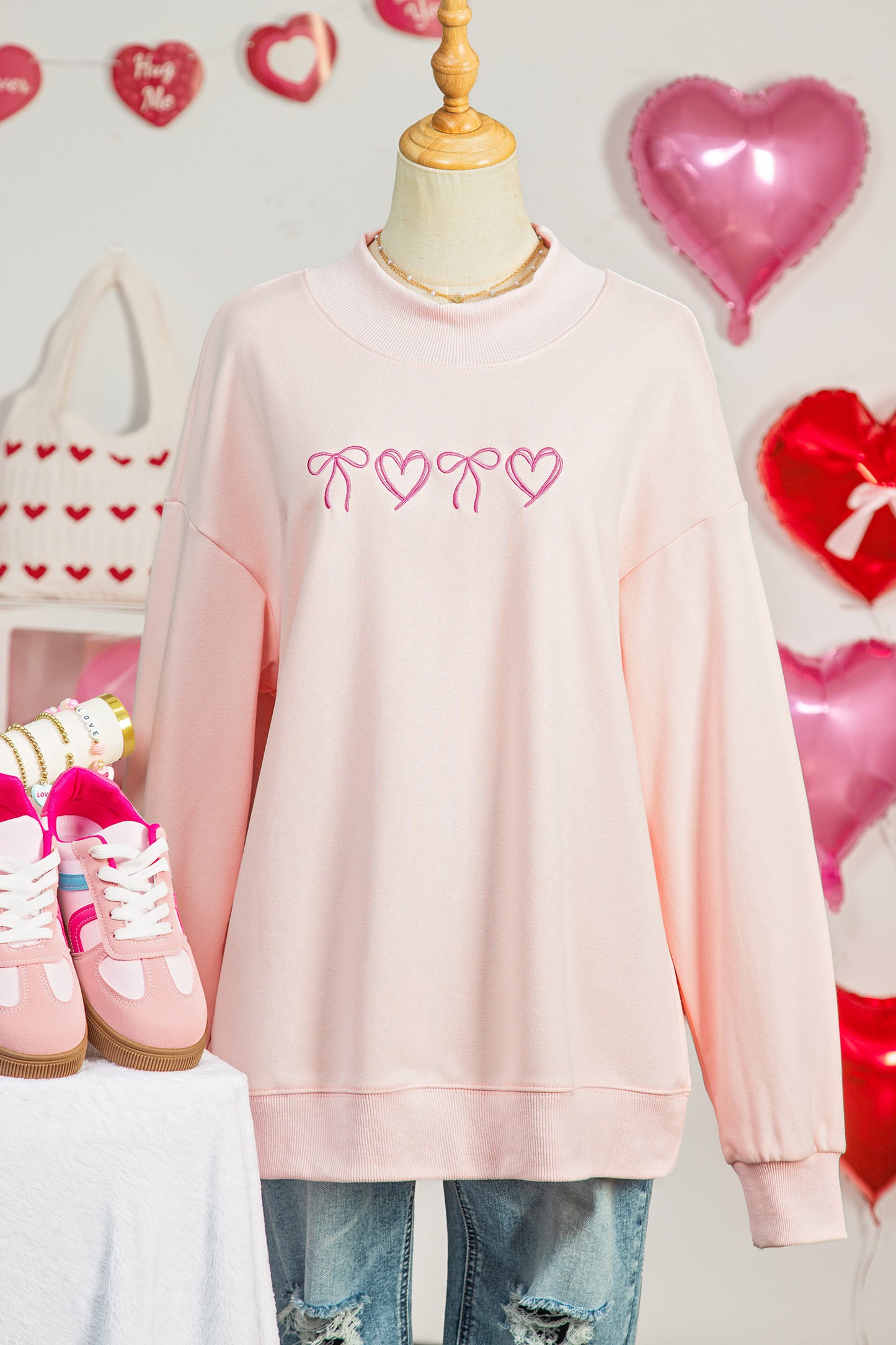 Apricot Pink Valentines Bow Heart Embroidered Mock Neck Sweatshirt
