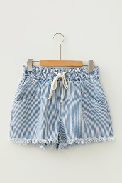 Sky Blue Stripe Raw Edge Drawstring Elastic Waist Casual Denim Shorts