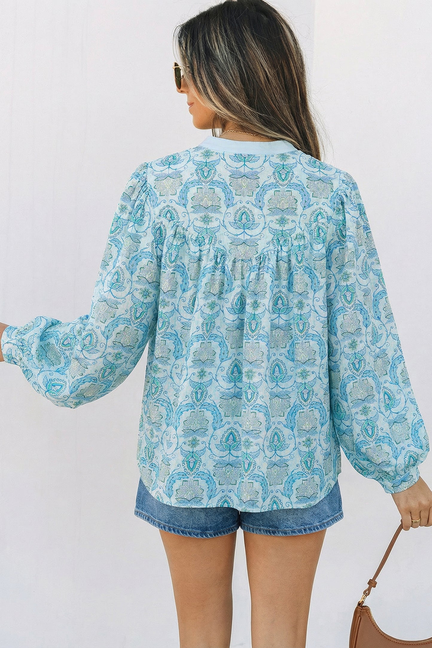 Sky Blue Paisley Print Puff Sleeve Loose Shirt