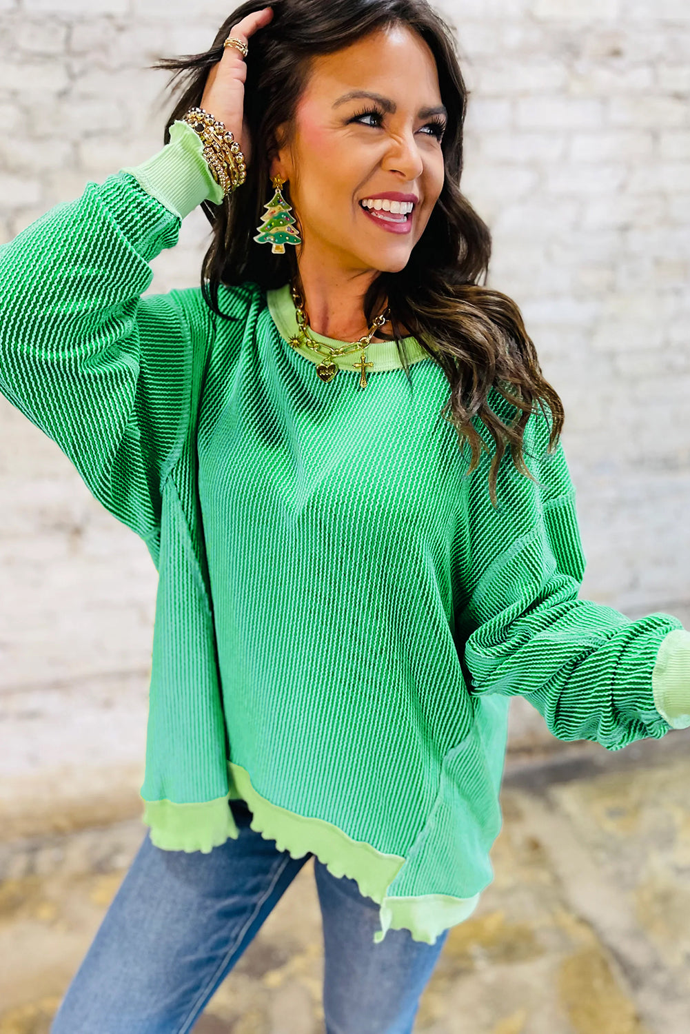 Bright Green Twisted Rib Uneven Hem Drop Shoulder Loose Knit Top