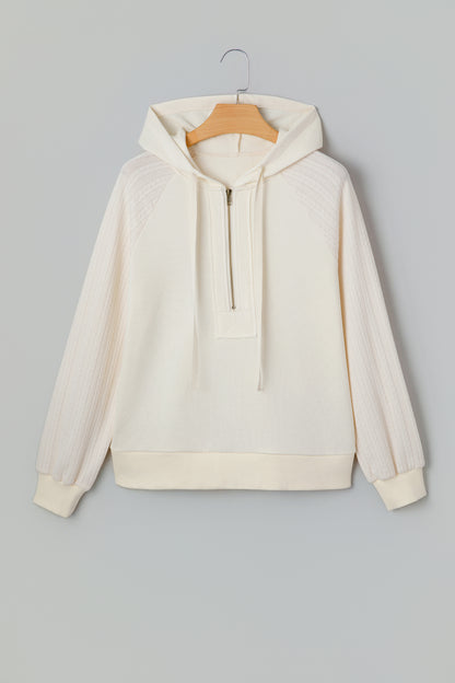 Beige Solid Color Textured Sleeve Patchwork Half Zip Hoodie