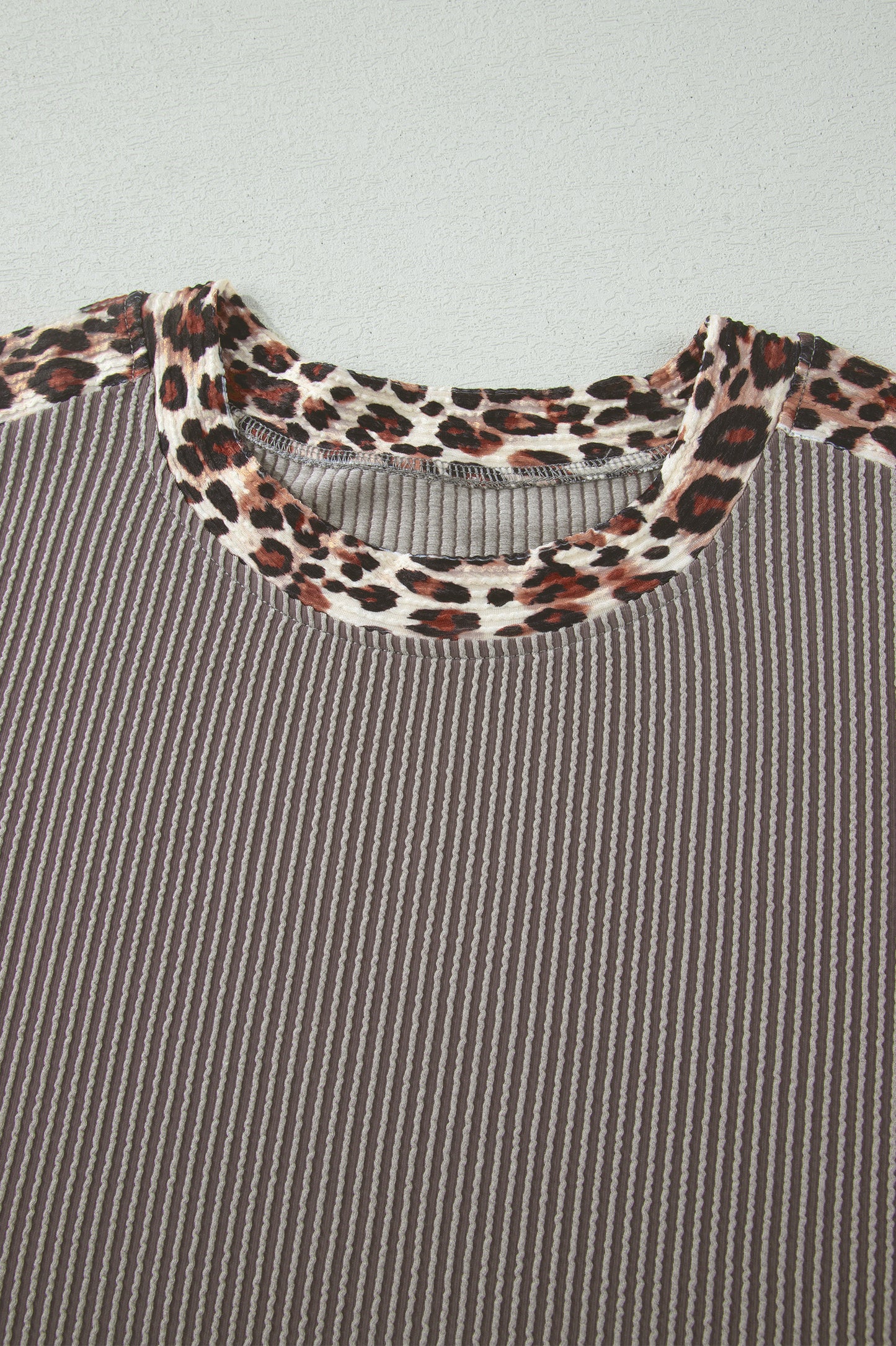 Light Grey Leopard Trim Twist Ribbed Short Set