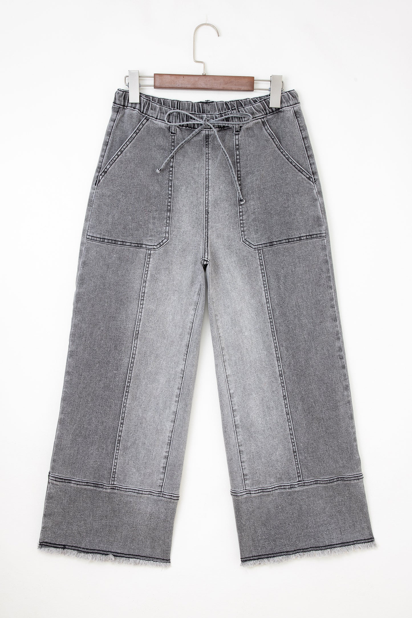 Gray Drawstring Seam Detail Raw Hem Wide Leg Denim Pants
