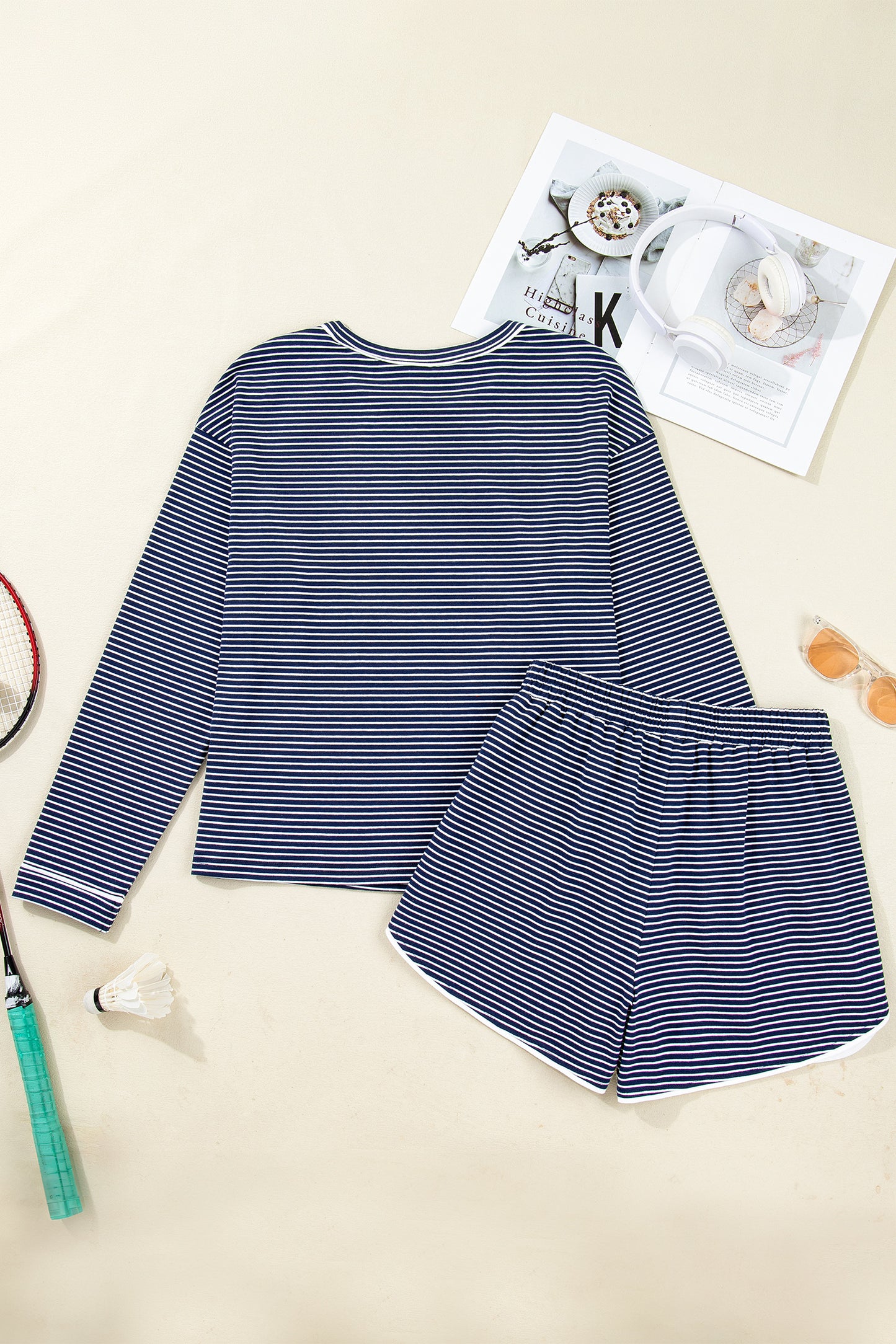 Blue Stripe Drop Shoulder Round Neck Long Sleeve Tee and Buttoned Shorts 2pcs Lounge Set