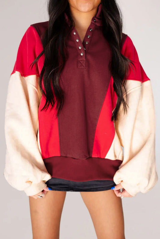 Fiery Red Color Block Patchwork Snap Button Polo Sweatshirt