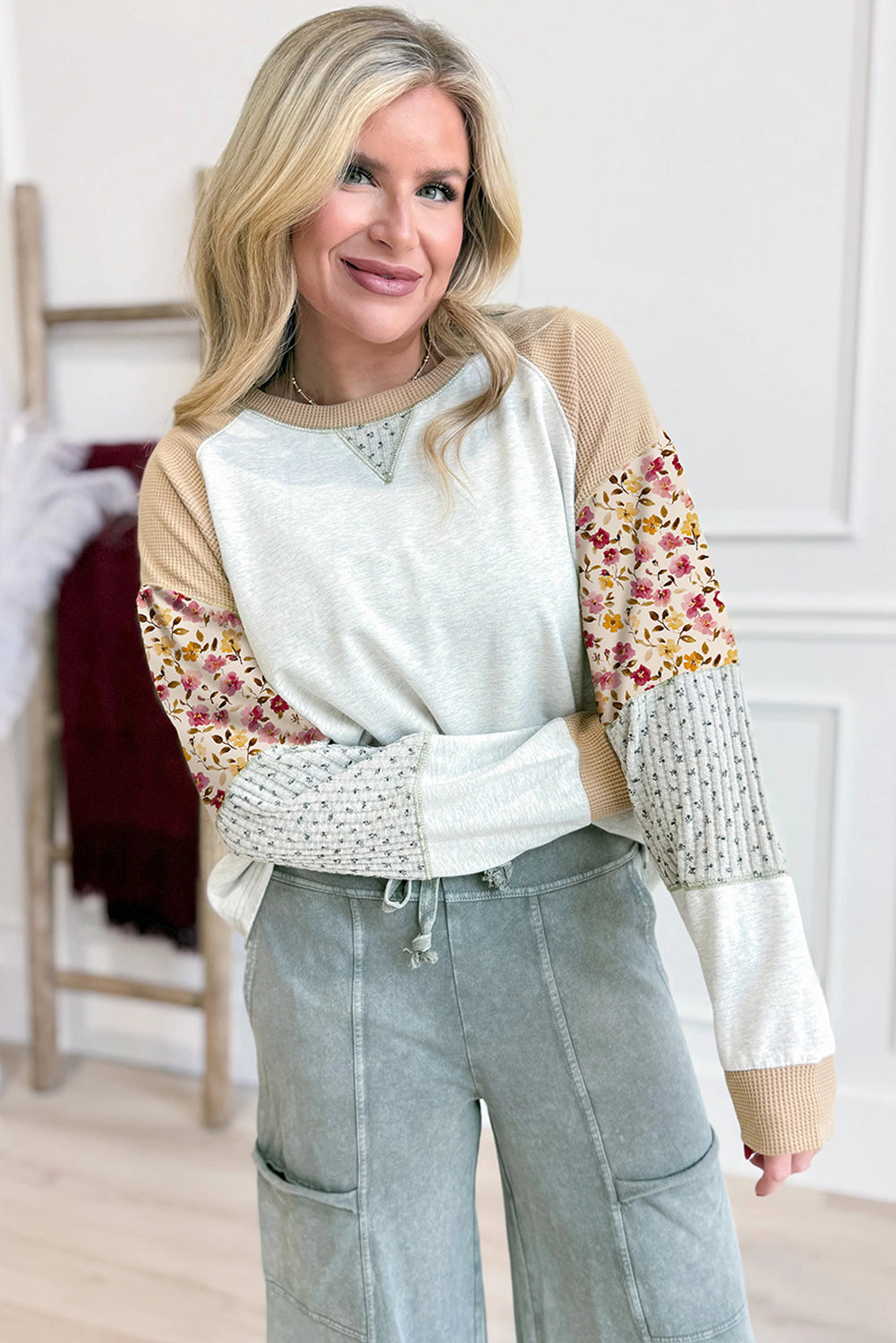 Light Grey Mixed Print Raglan Sleeve Patchwork Exposed Seam Pullover Top