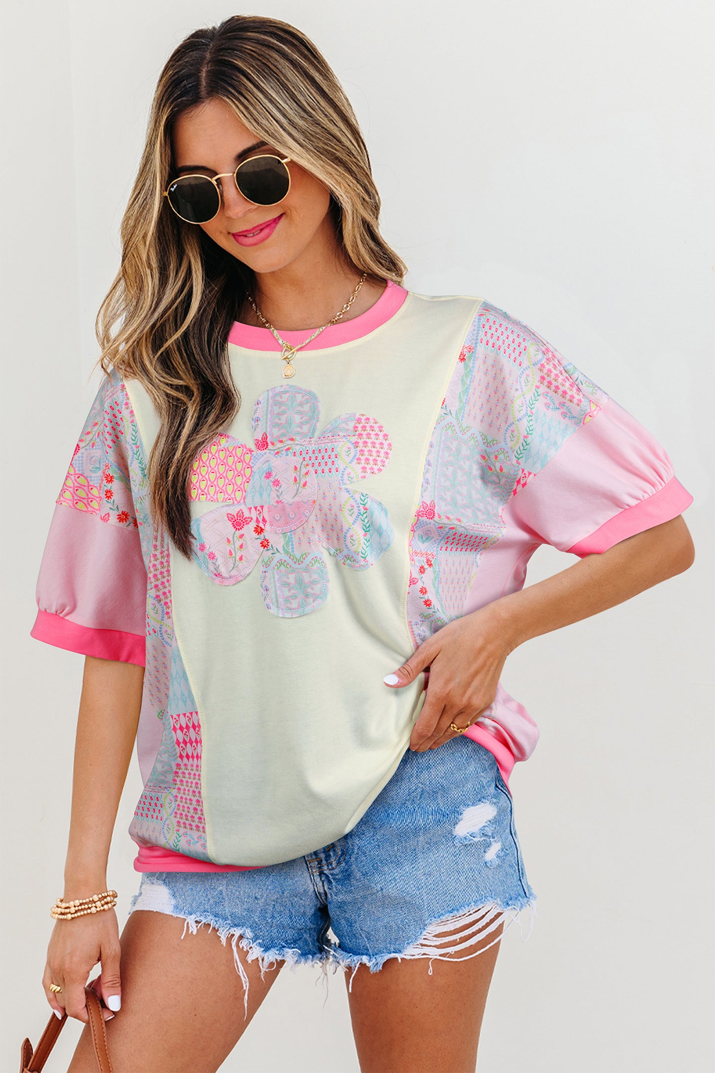 Beige Color Block Floral Patchwork Big Flower Accent Relaxed Top