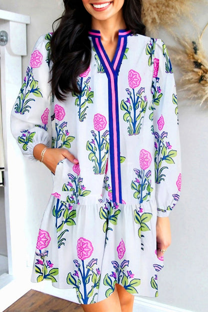 White Floral Print Contrast Striped Trim Notched Neck Long Sleeve Dress