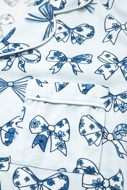 Sky Blue Bow Print Short Pajama Set