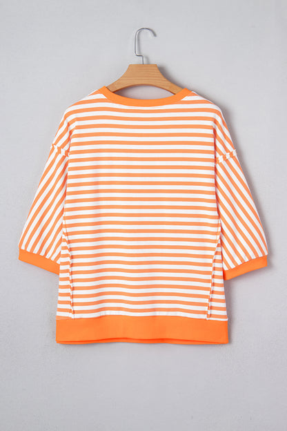 Orange Stripe 3/4 Sleeve Exposed Seam Patchwork Pullover Top