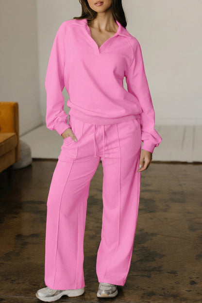 Bright Pink Polo Collar V Neck Pullover and Drawstring Sweatpants Set