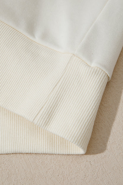 Beige Solid Color Textured Sleeve Patchwork Half Zip Hoodie