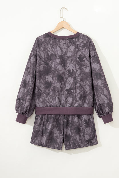 Brown Abstract Woodland Camo Print Baggy Pullover Drawstring Shorts Set