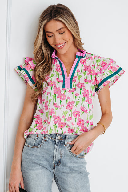 Pink Floral Print Contrast Trim V Neck Double Ruffled Short Sleeve Blouse