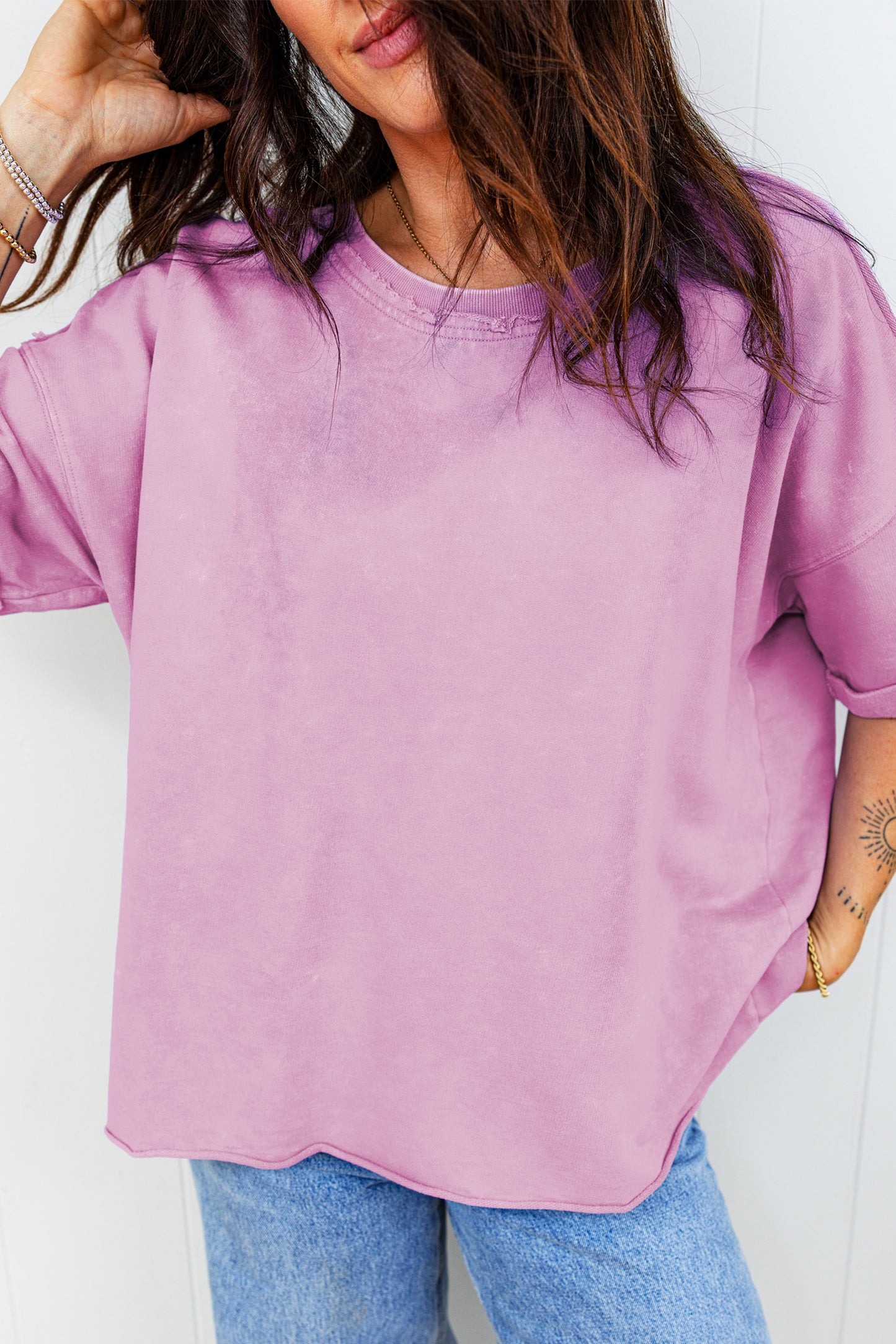 Lavendula Mineral Wash Drop Shoulder Raw Edge Loose Tee