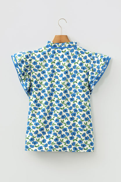 Sky Blue Tiered Flutter Sleeve Pleated Flower Blouse
