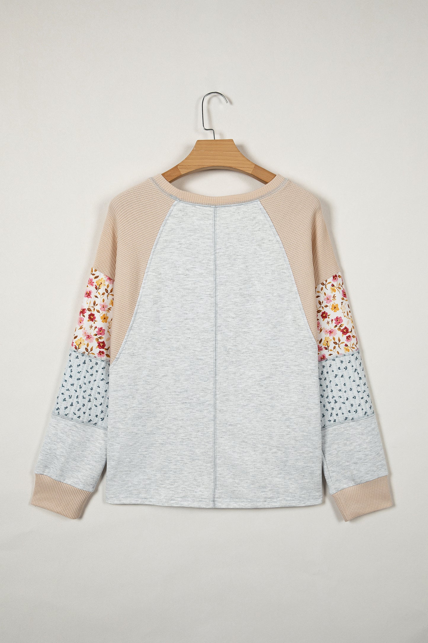 Light Grey Mixed Print Raglan Sleeve Patchwork Exposed Seam Pullover Top