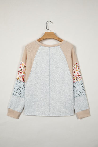 Light Grey Mixed Print Raglan Sleeve Patchwork Exposed Seam Pullover Top