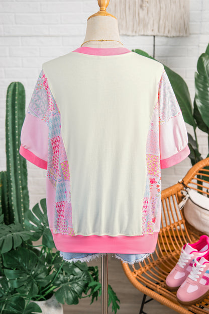 Beige Color Block Floral Patchwork Big Flower Accent Relaxed Top