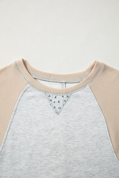 Light Grey Mixed Print Raglan Sleeve Patchwork Exposed Seam Pullover Top