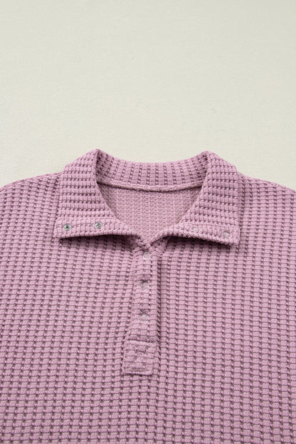 Light Pink Solid Color Textured Snap Button Collared Baggy Top