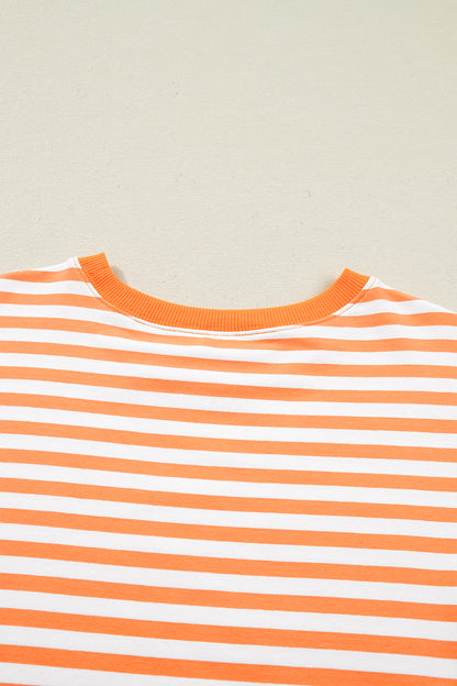 Orange Stripe 3/4 Sleeve Exposed Seam Patchwork Pullover Top