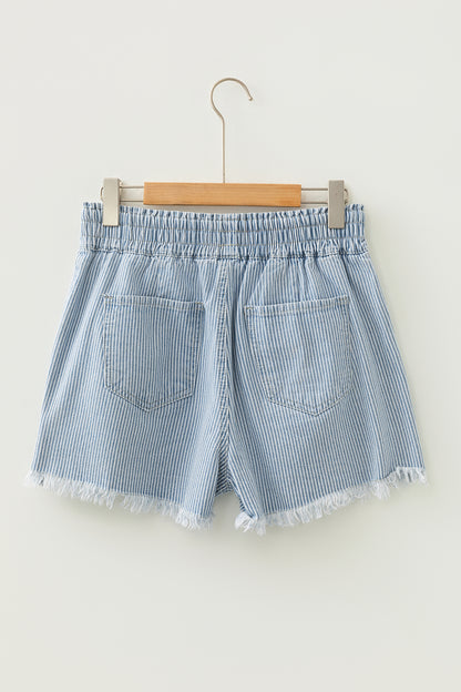 Sky Blue Stripe Raw Edge Drawstring Elastic Waist Casual Denim Shorts