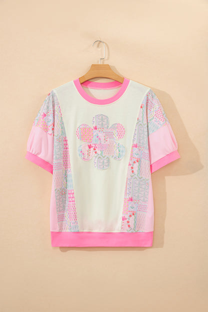 Beige Color Block Floral Patchwork Big Flower Accent Relaxed Top