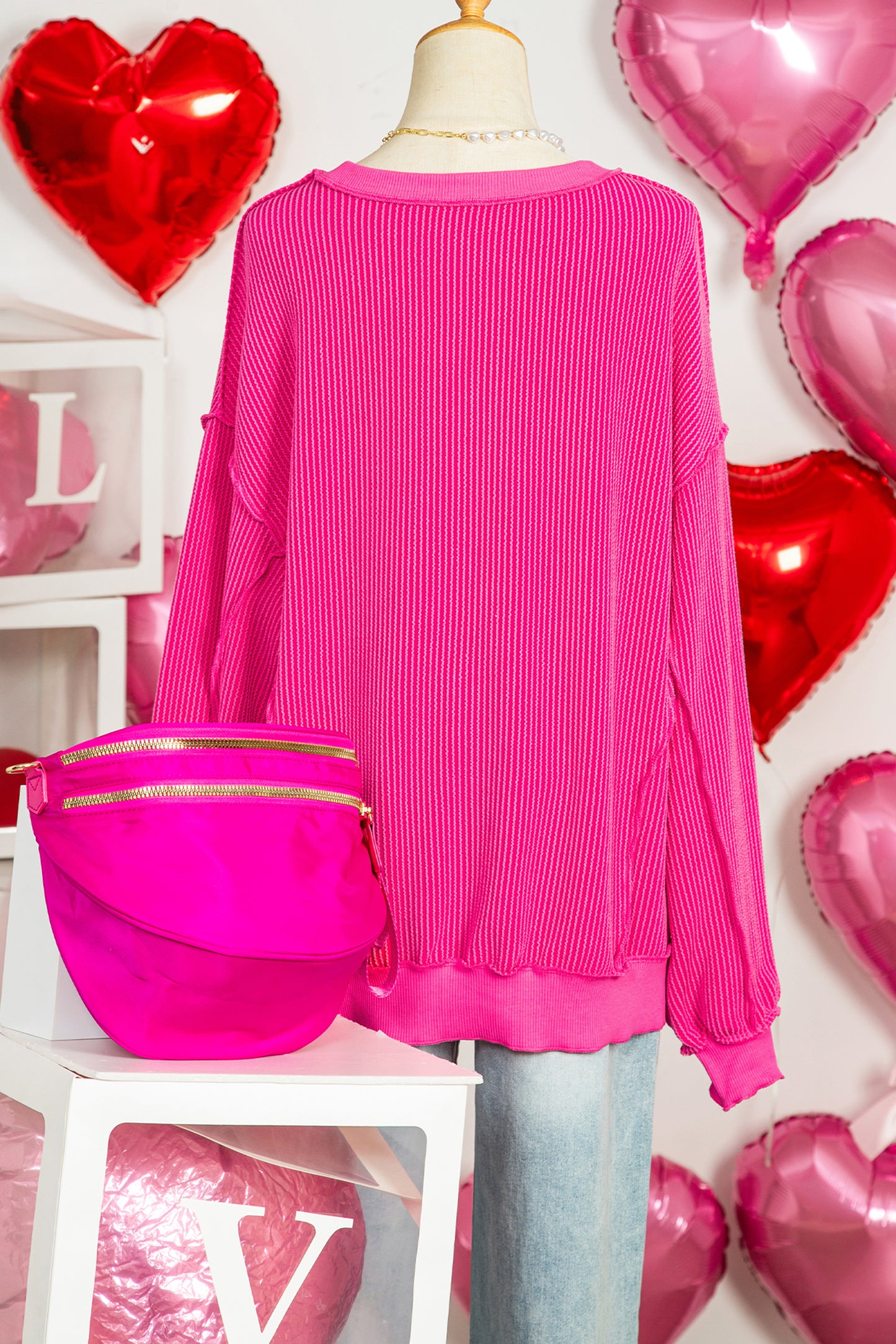 Strawberry Pink Twisted Ribbed Long Sleeve XOXO Bow Print Embroidered Patch Graphic Top